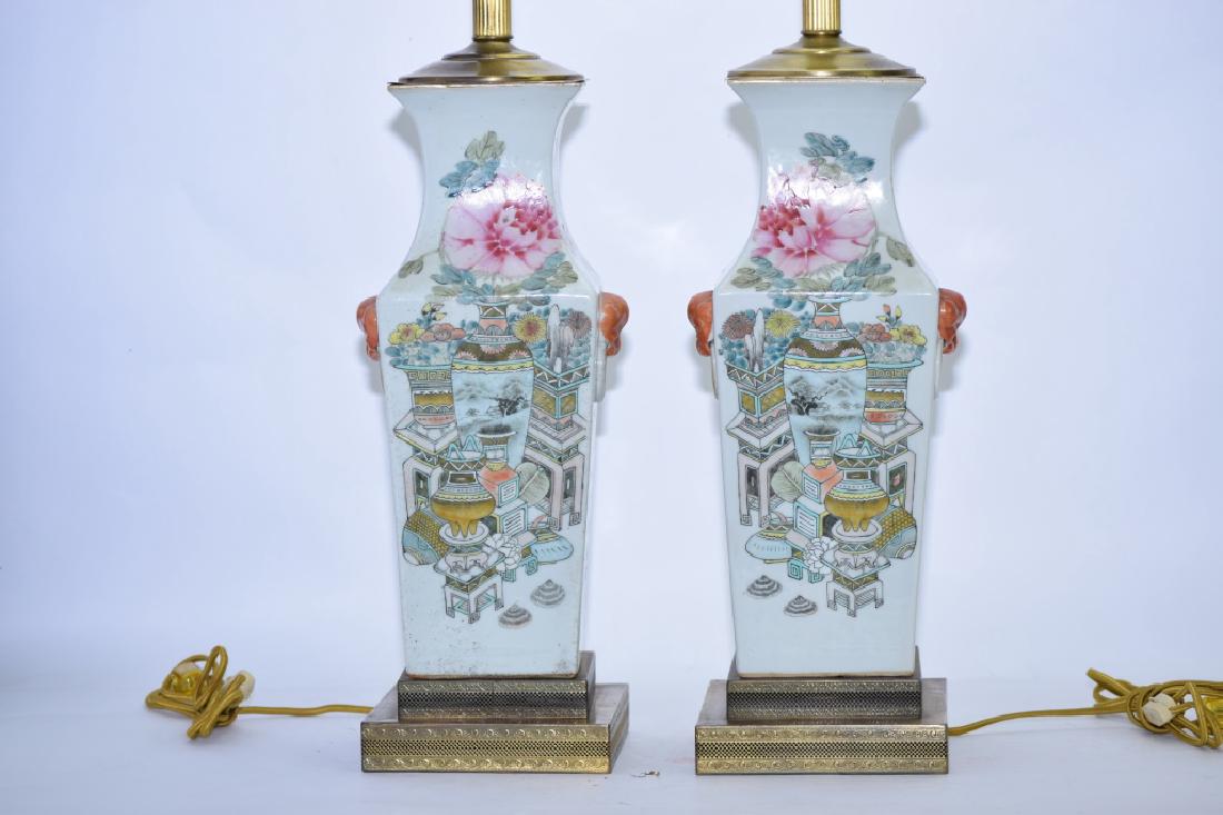 Pair of Qing Chinese Famille Verte Vase Lamps, Signed (1 of 7)