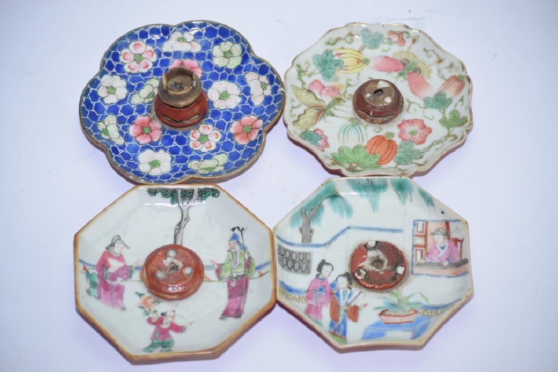 Four Republic Chinese Famille Rose Incense Plates: Four Republic Chinese famille rose incense plates. 4.5in. Chip and missing enamel.