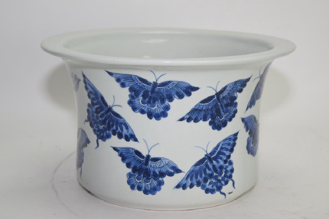 Qing Chinese Blue and White Butterfly Flower Pot: Qing Chinese blue and white butterfly flower pot. 10.5in. Age wear.