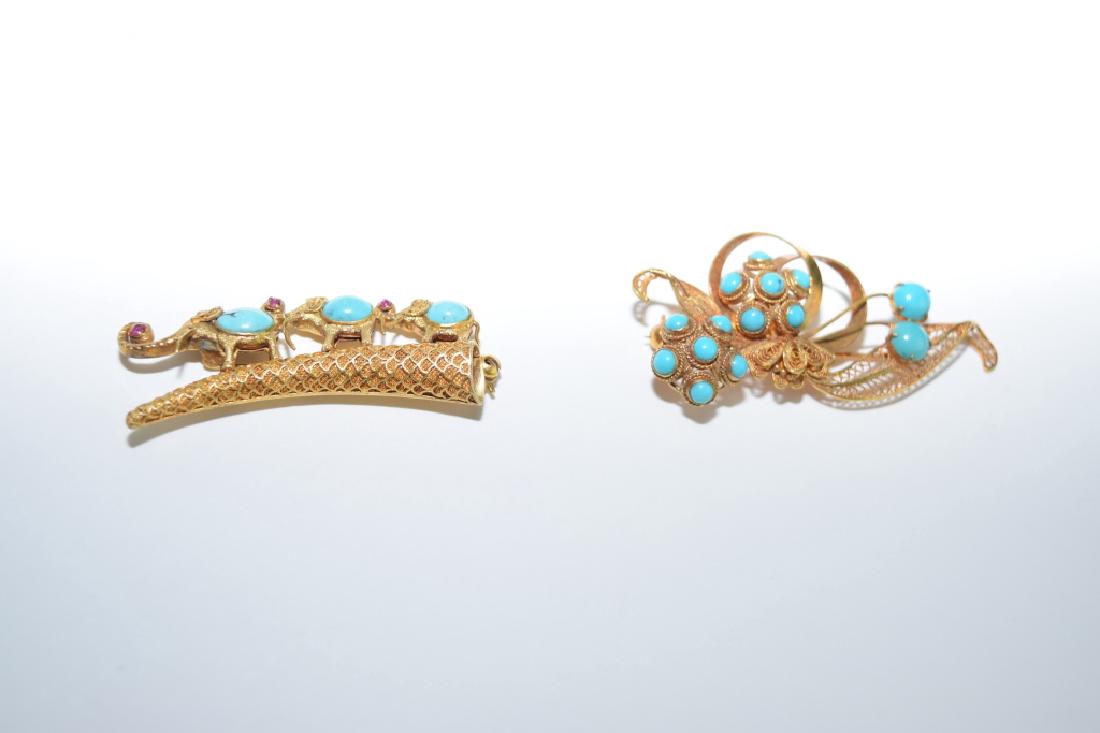 Two 14K Gold Turquoise Inlaid Brooches (1 of 3)