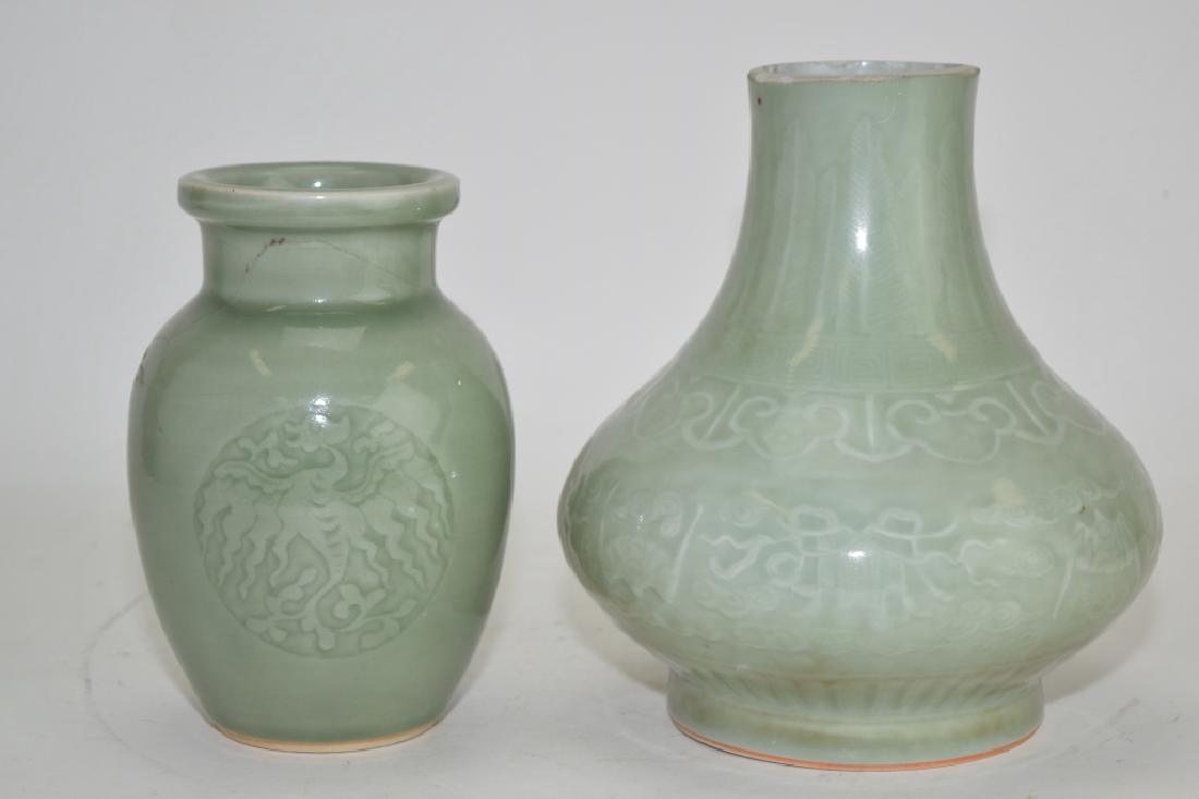 Two Qing Chinese Relief Pea Glaze Vases (1 of 9)