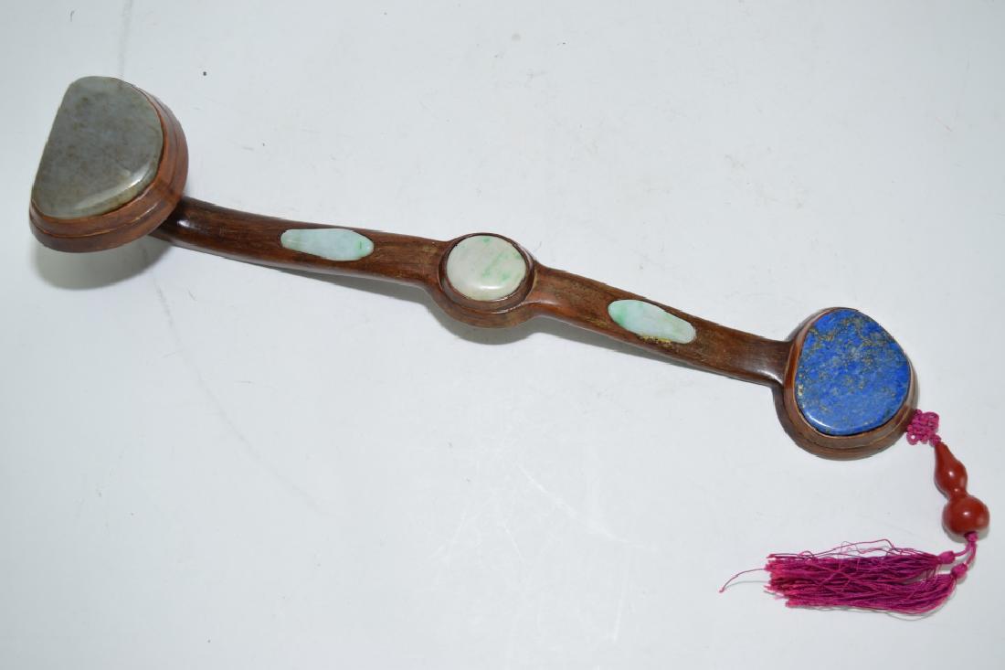 Chinese Precious Stones Inlaid Wood Carved Ruyi: Chinese precious stones inlaid wood carved ruyi. 12.5in. Age wear.