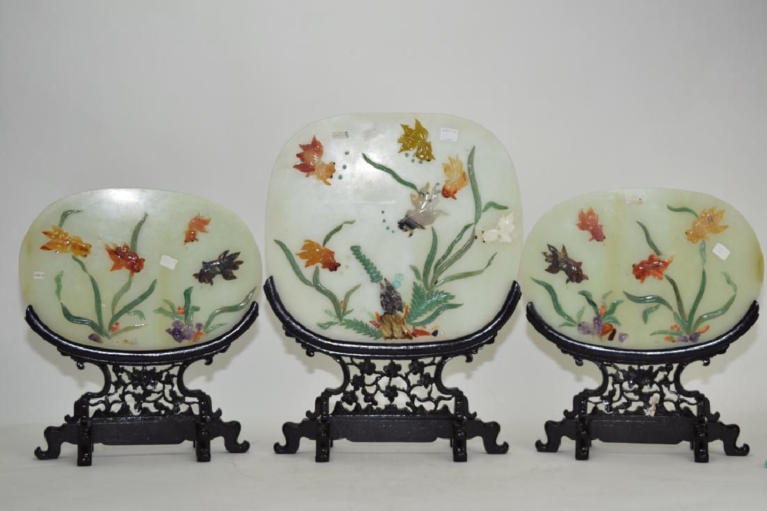 Set of Chinese Precious Stone Inlaid Jade Screens: Set of Chinese precious stone inlaid jade screens. 13in & 16.5in. Age wear.