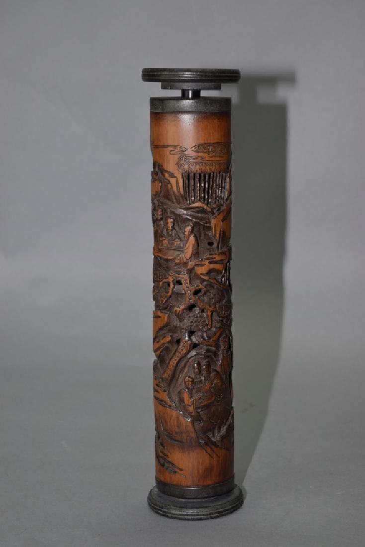 Chinese Bamboo Carved Incense Holder: Chinese bamboo carved incense holder. 14in. Age wear.