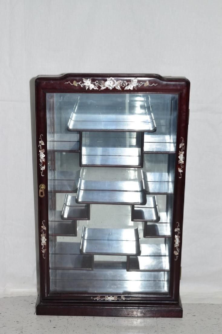 Chinese Hongmu Carved Curio Cabinet: Chinese hongmu carved curio cabinet. 19in by 32in. Age wear.