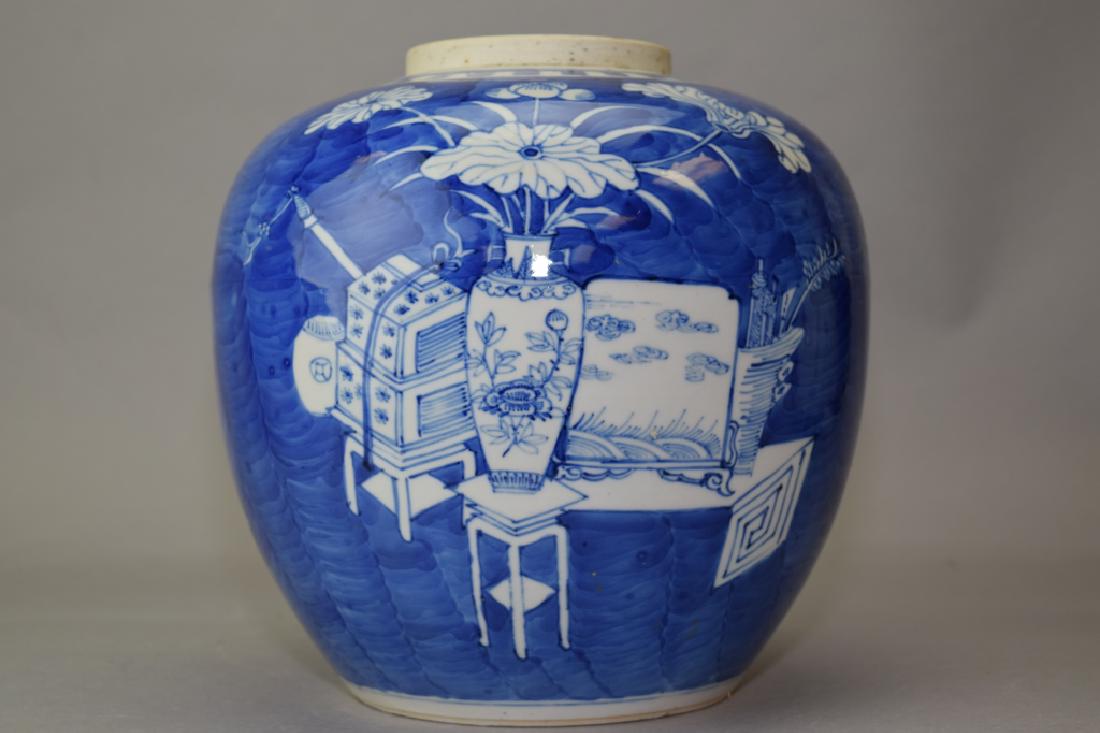 Large Qing Chinese Blue and White "Study Objects" Jar (1 of 6)