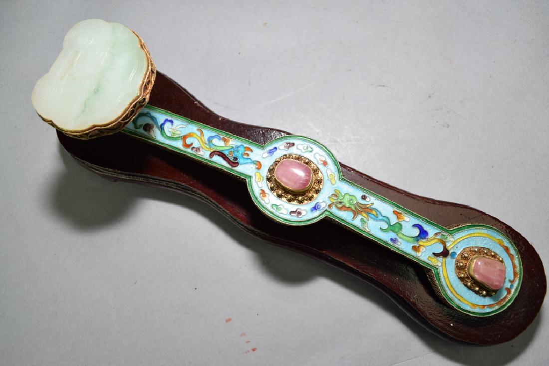 Chinese Enamel over Silver Ruyi with Jadeite & Quartz: Chinese enamel over silver ruyi with jadeite and quartz inlaid. Ruyi: 10.5in, Stand: 12in. Age wear.