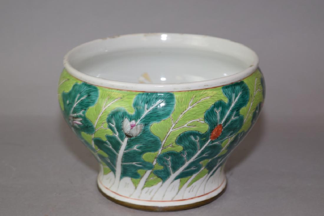 Chinese Famille Rose Cabbage Pattern Water Jar: Chinese famille rose cabbage pattern jar. 7.5in. Age wear.