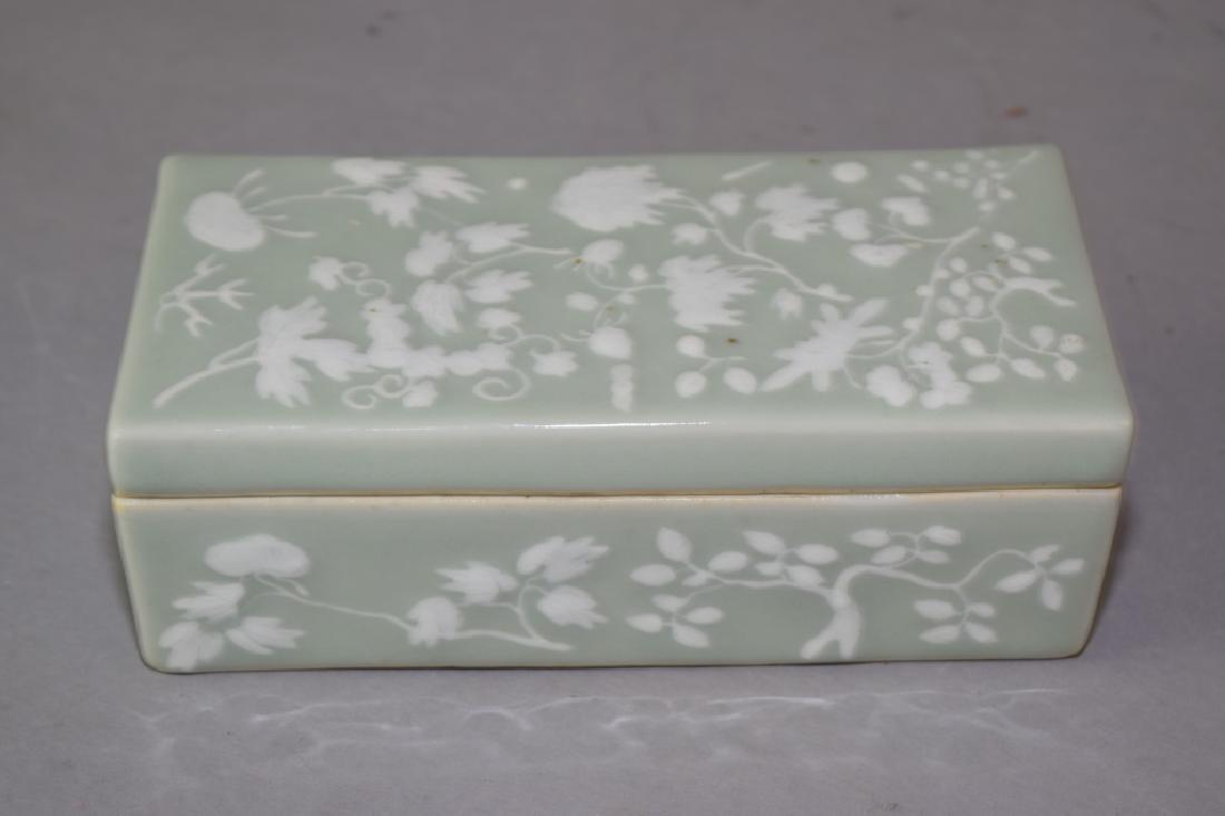 Chinese Pea Glaze Pate-sur-Pate Stationary Box: Chinese pea glaze pate-sur-pate stationary box. 7.5in. Age wear.