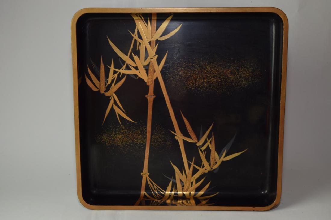 Japanese Black Lacquer Tray: Japanese black lacquer tray. 12.5in. Age wear.
