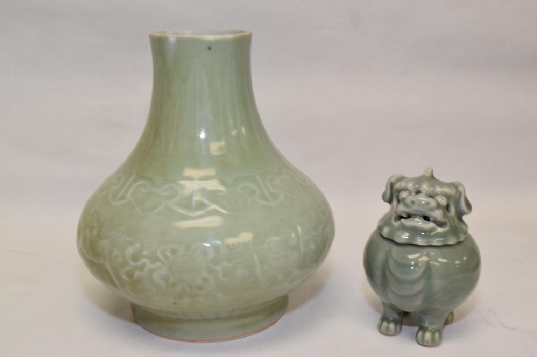 19-20th C. Chinese Pea Glaze Vase and Incense Burner: 19-20th C. Chinese pea glaze vase and incense burner. 8.5in.