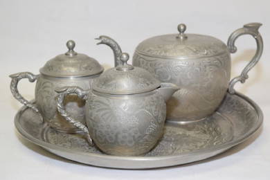 Set of Chinese Pewter Carved Coffee Ware