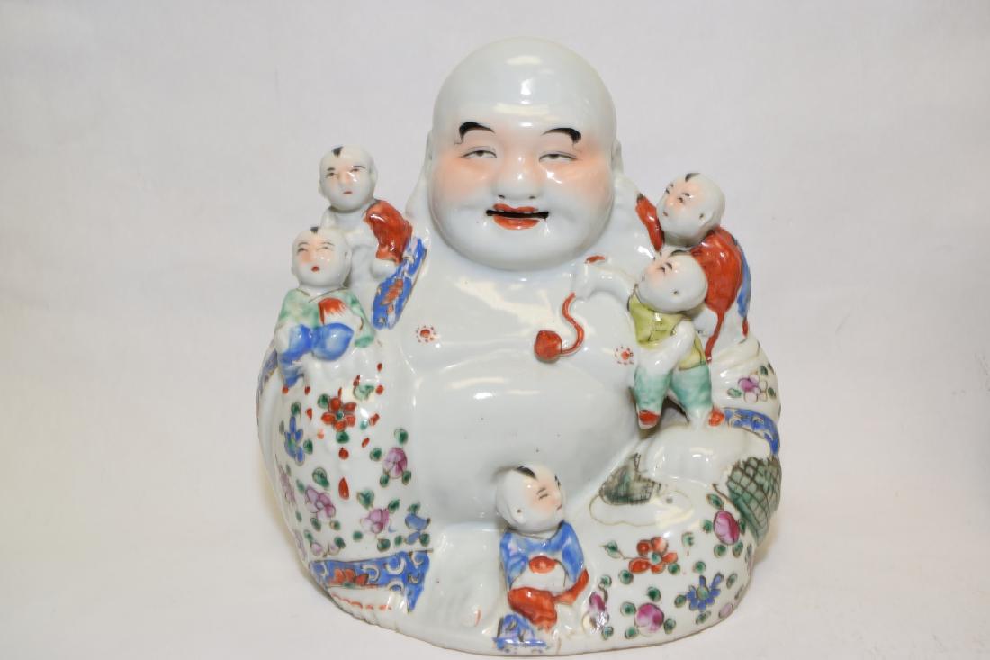 Qing Chinese Famille Rose Buddha, Zhu MaoSheng: Qing Chinese famille rose buddha, Zhu Mao Sheng mark. 10in. Age wear.