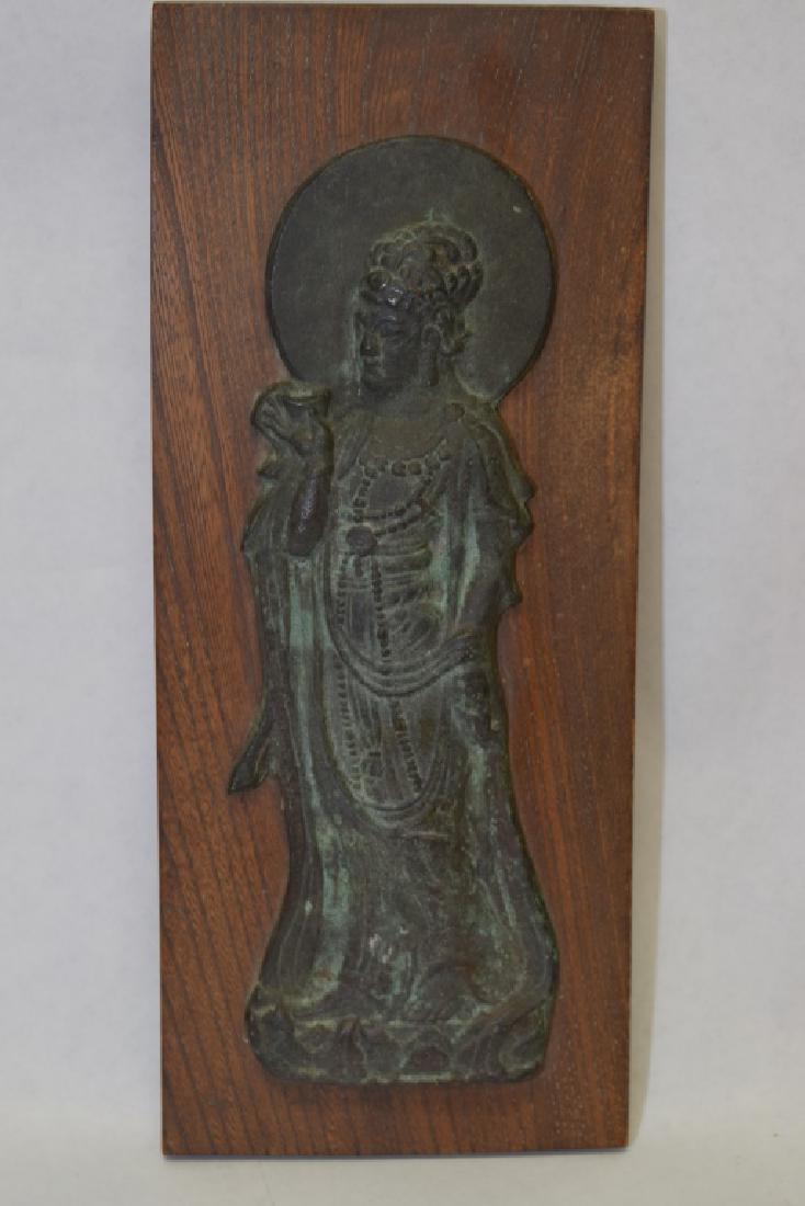 19-20th C. Korean Bronze Buddha Hanging Plaque: 19-20th C. Korean bronze buddha hanging plaque. 8.5in. Age wear.