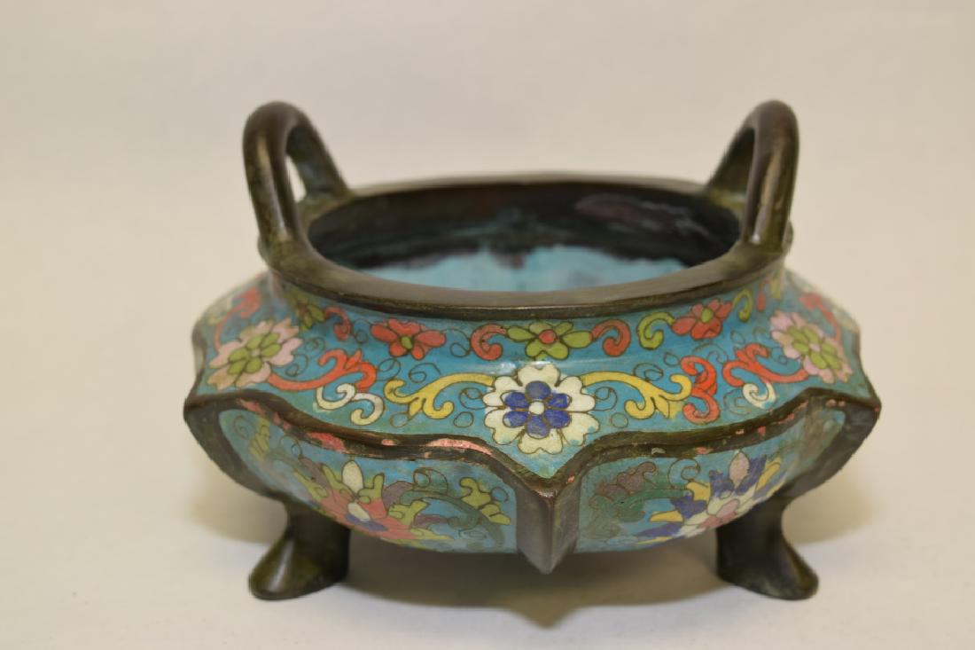 19-20th C. Chinese Cloisonne Censer: 19-20th C. Chinese cloisonne censer. 4.5in by 7in. Age wear.