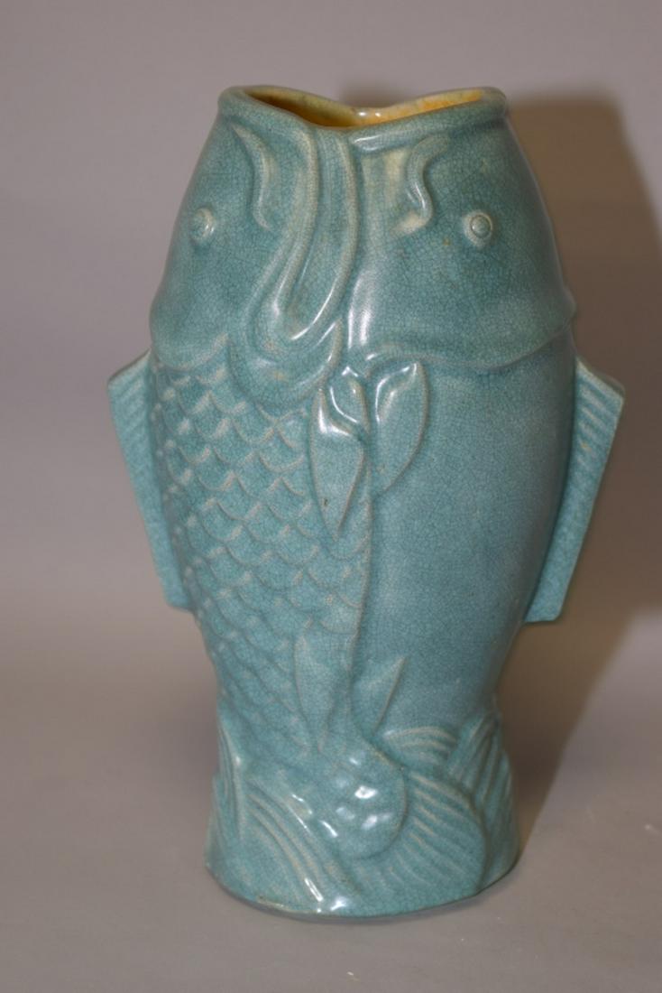 Chinese Robbin's Egg Glaze Fish Shape Flower Vase (1 of 2)