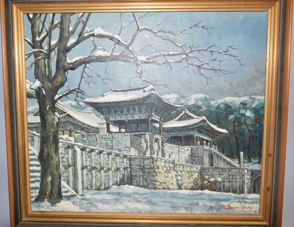 Seom Y.K . (1972) Korean Palace Oil on Canvas: Seom Y.K. (1972) Korean palace oil on canvas. Frame: 20in by 23in.