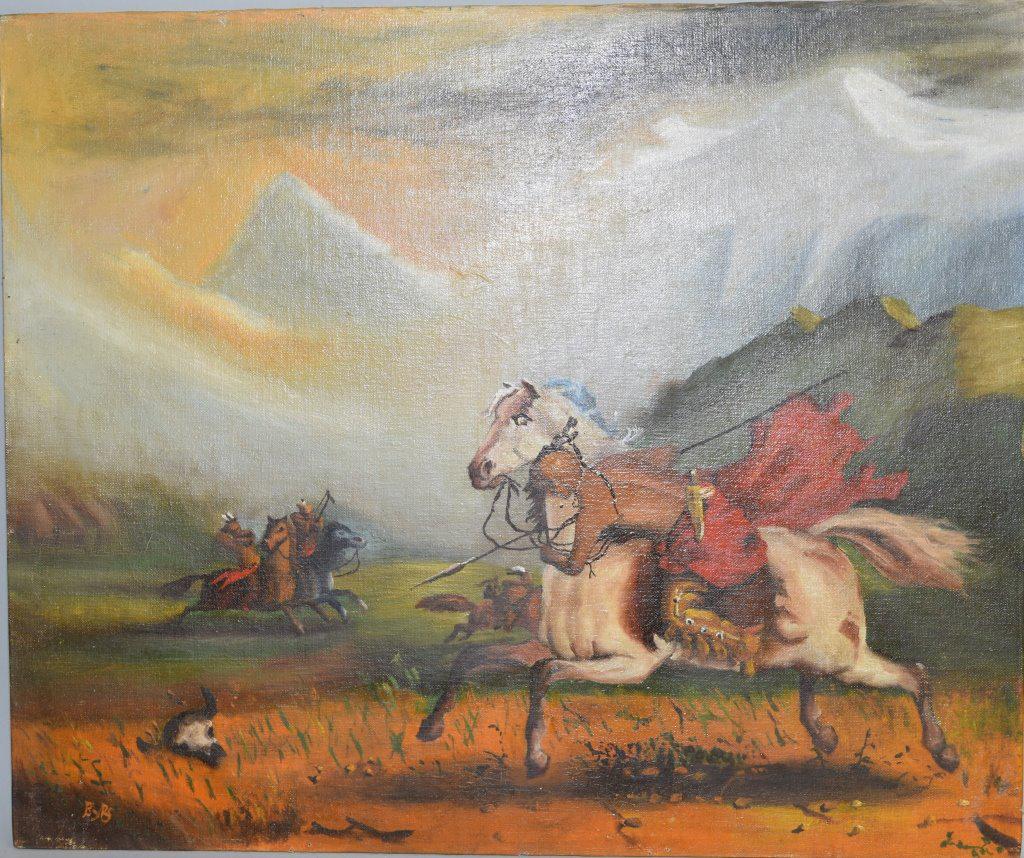 Native American Lancer and Archers Oil on Canvas: Native American lancer and archers oil on canvas over board, signed ByB. Signed lower left. 18.25in by 22in.