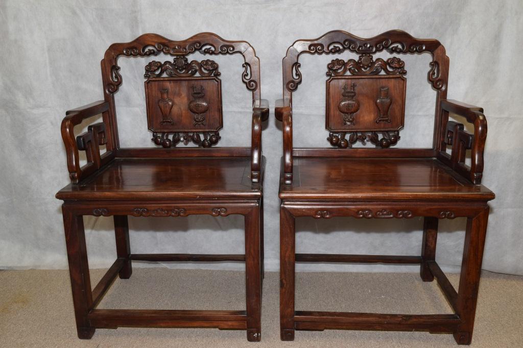 Pr. of Qing Chinese Hongmu Carved Arm Chairs (1 of 6)
