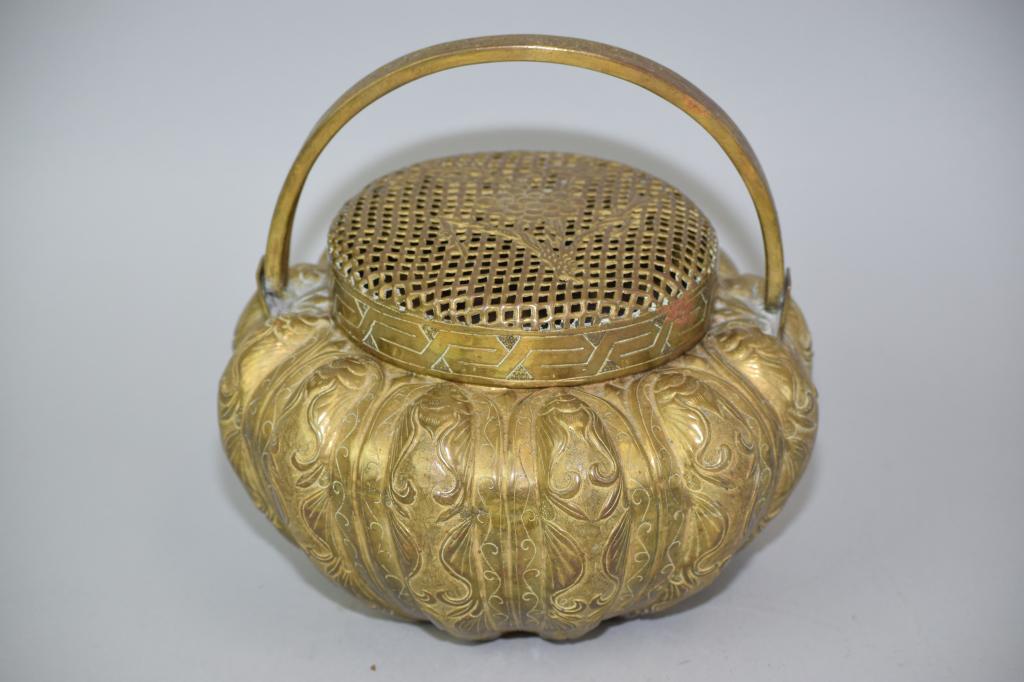 19-20th C. Chinese Bronze Relief Carved Hand Warmer (1 of 2)