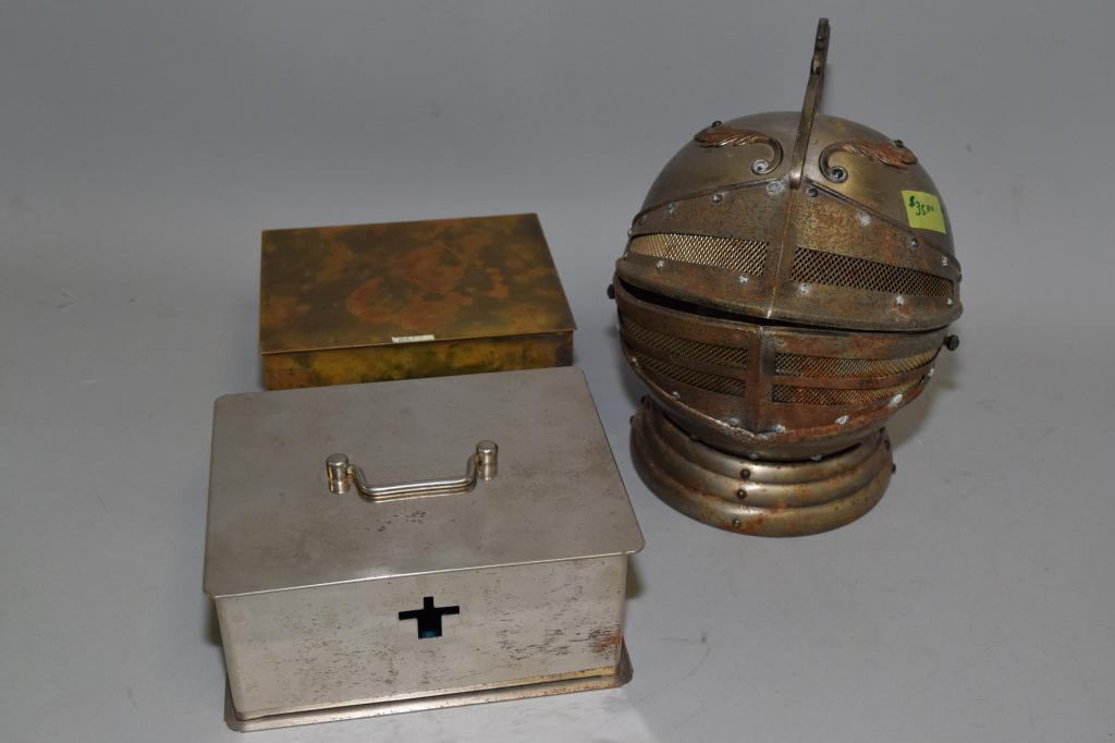 Two Vintage Trinket Boxes and Whiskey Set in Helmet (1 of 3)