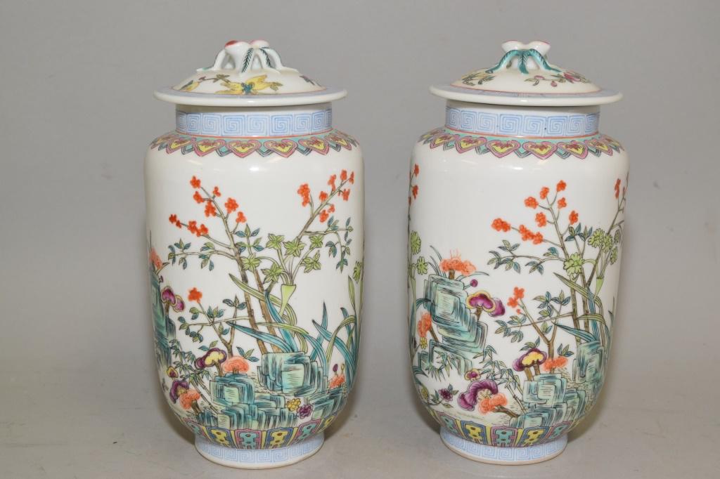 Pr. of Chinese Famille Rose Flower Jars, Marked (1 of 4)