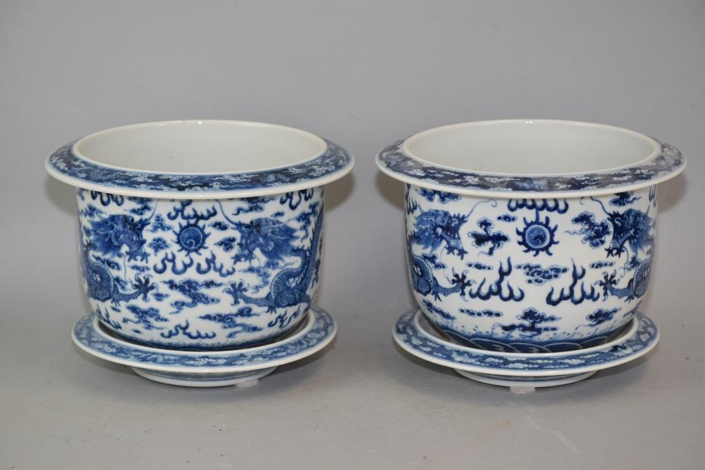 Pr. of 19-20th C. Chinese B&W Dragon Flower Pots (1 of 4)