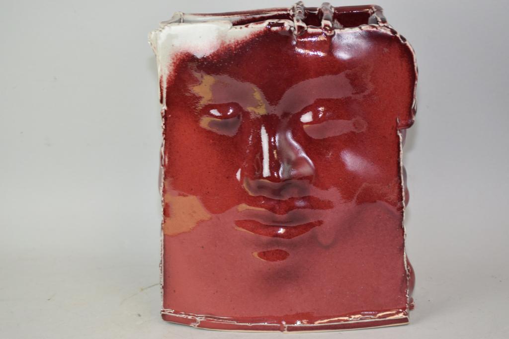 Contemporary Red Glaze Face Vase, Signed (1 of 5)