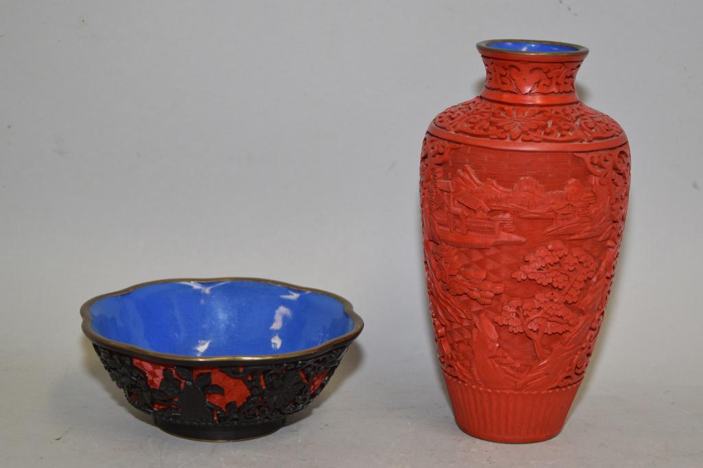 Chinese Red Cinnabar Carved Vase and Black Cinnabar (1 of 3)