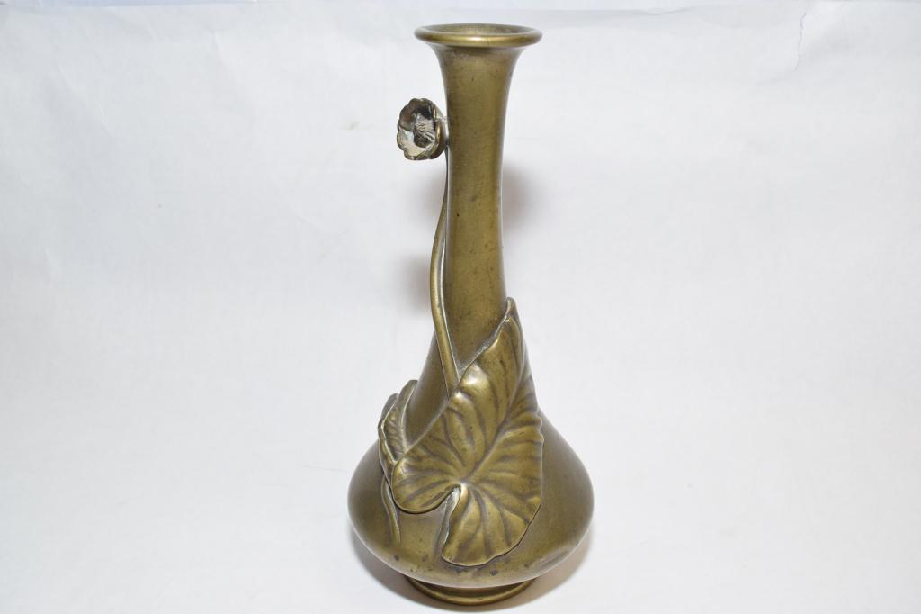 Japanese Bronze Relief Lotus Motif Long Neck Vase (1 of 2)
