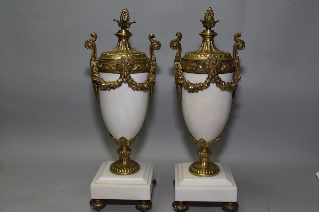 Pr. of French Ormolu Marble Trophy Vases: Pr. of French ormolu marble trophy vases.
