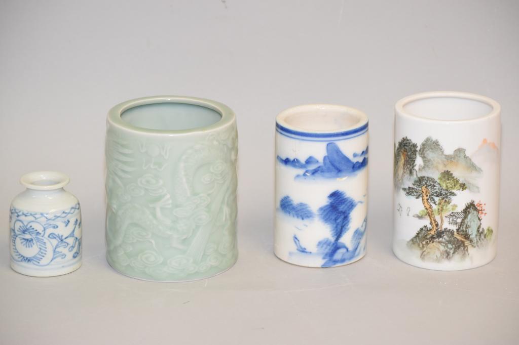 Three Chinese Porcelain Brush Pots and Water Holder (1 of 3)
