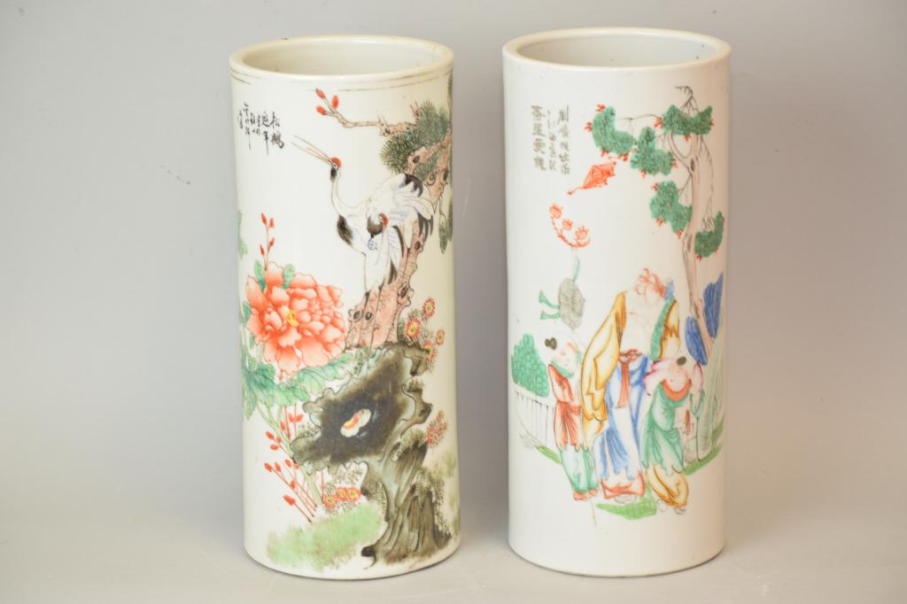 Two 19-20th C. Chinese Famille Rose Hat Stands: Two 19-20th C. Chinese famille rose hat stands. 11in.