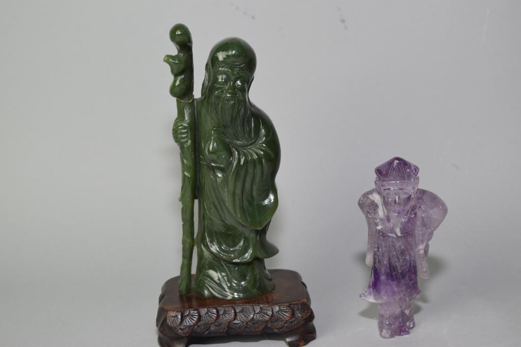 19th C. Chinese Spinach Jade and Purple Quartz Figures (1 of 3)