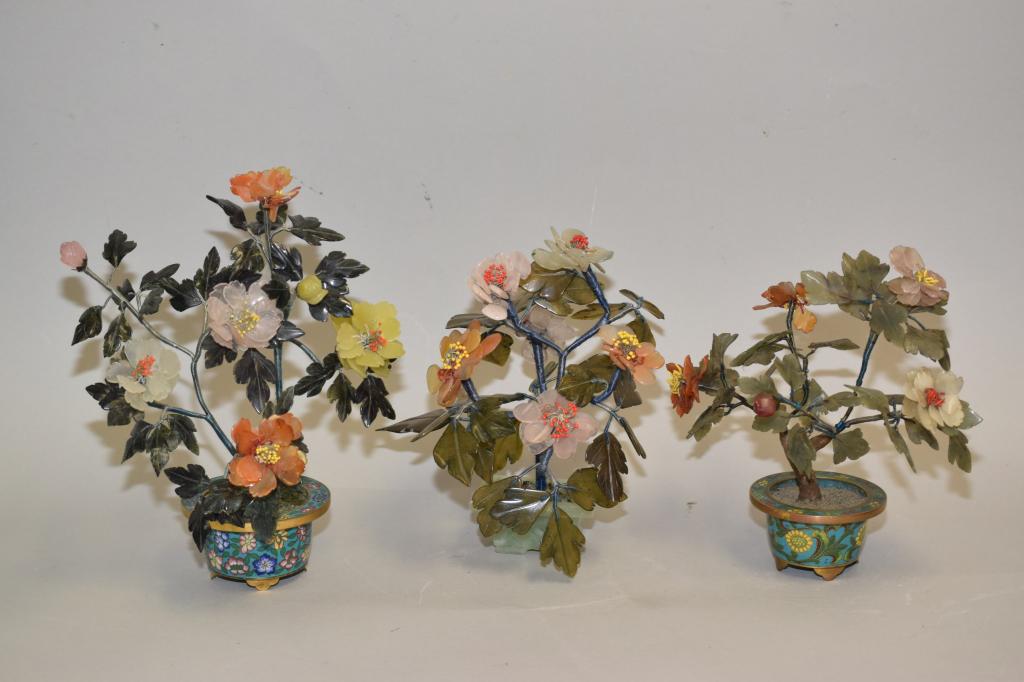 Three Chinese Jade Tree in Cloisonne Pots (1 of 1)