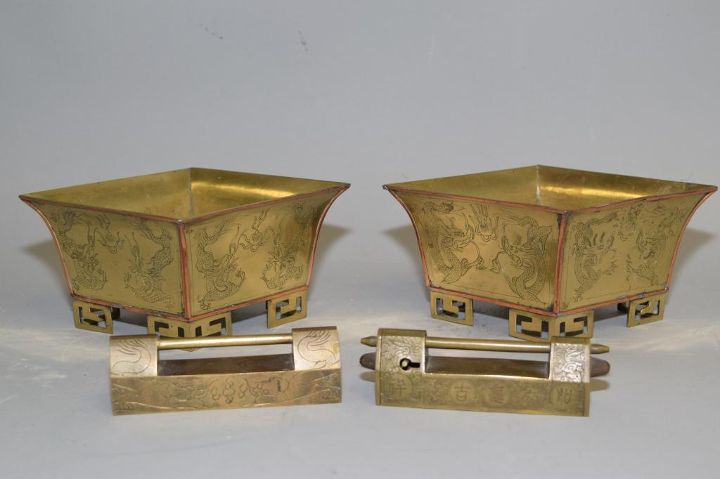 Pr. of 19th C. Chinese Bronze Flower Pots and Lock (1 of 5)