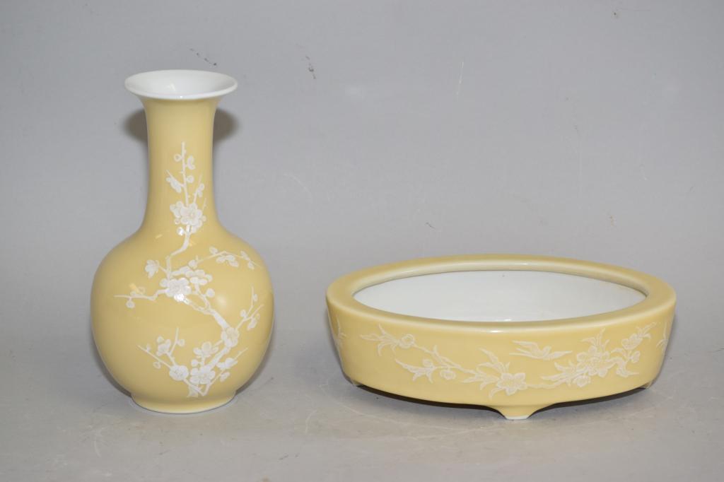 1950-80s Chinese Yellow Glaze Pate-sur-Pate Wares: 1950-80s Chinese yellow glaze pate-sur-pate wares. 7.75in.
