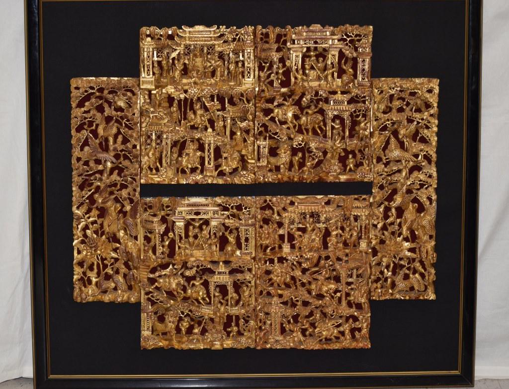 Qing Chinese Guangdong Gilt Wood Relief Carved Plaque (1 of 10)
