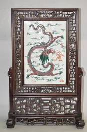 Qing Chinese Wucai Dragon Plaque Hongmu Table Screen