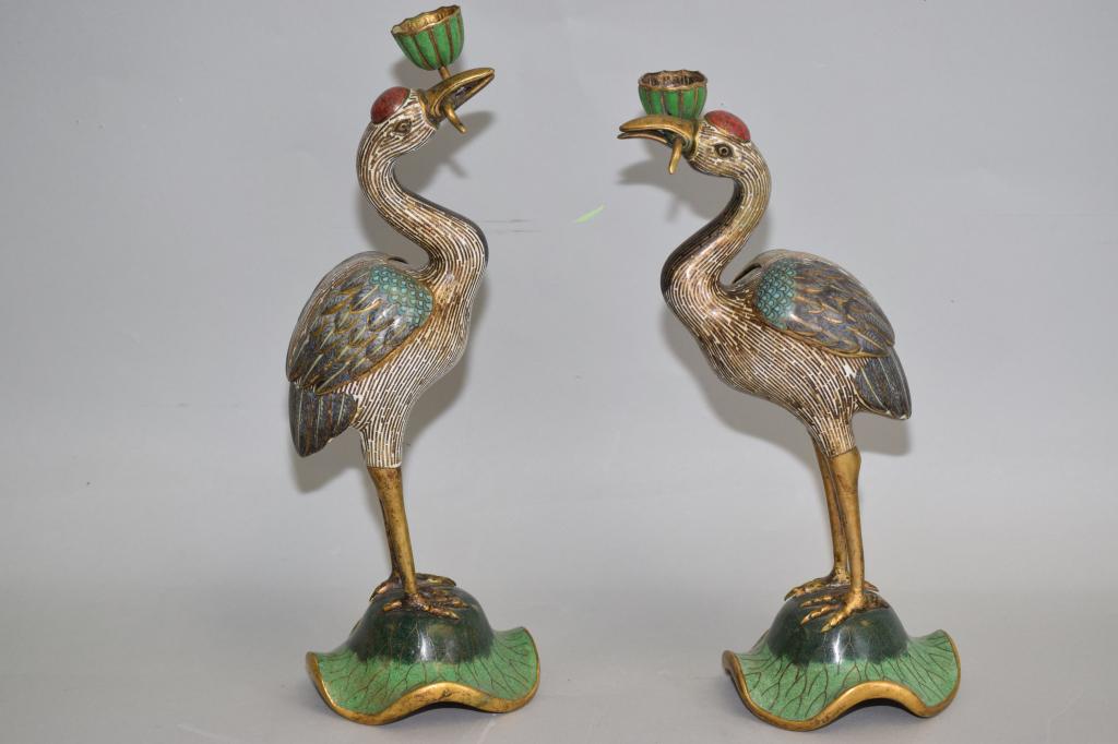 Pr. of Qing Chinese Cloisonne Crane Candlesticks/Censer (1 of 7)