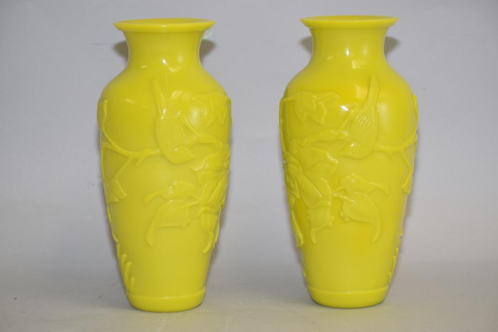 Pr. of Chinese Yellow Peking Glass Carved Vases (1 of 4)