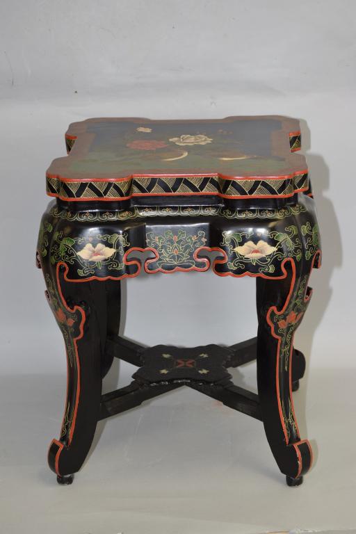 Chinese Black Lacquer Filled Square Stool (1 of 4)