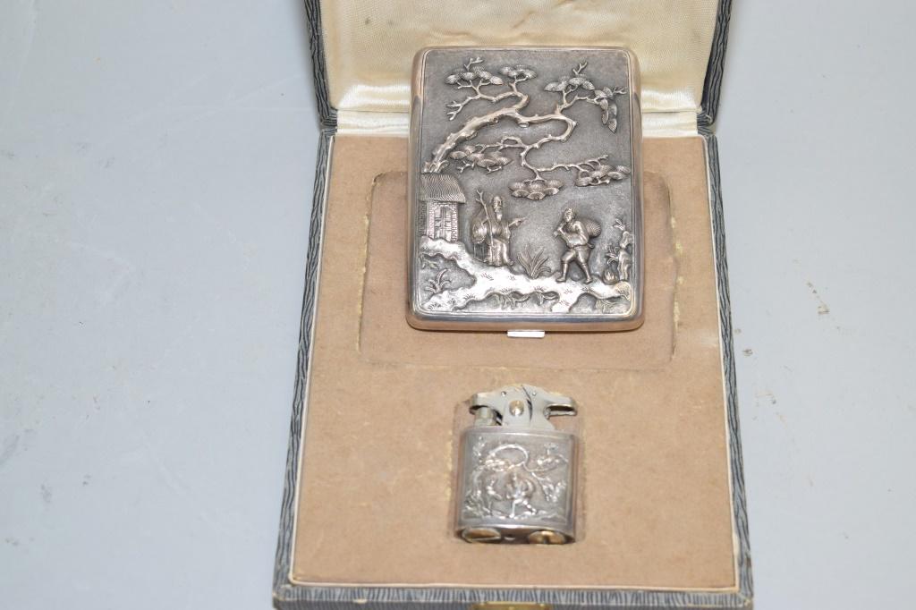 Japanese Sterling Silver Cigarette Lighter and Card Box (1 of 5)