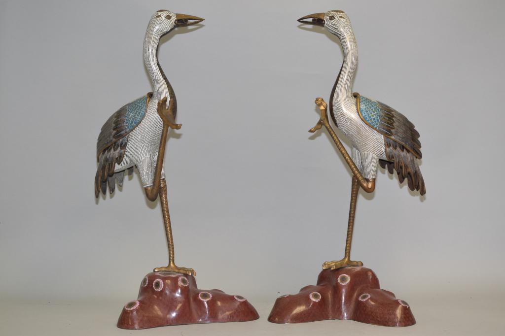 Pr. of Large 19-20th C. Chinese Cloisonne Cranes (1 of 8)