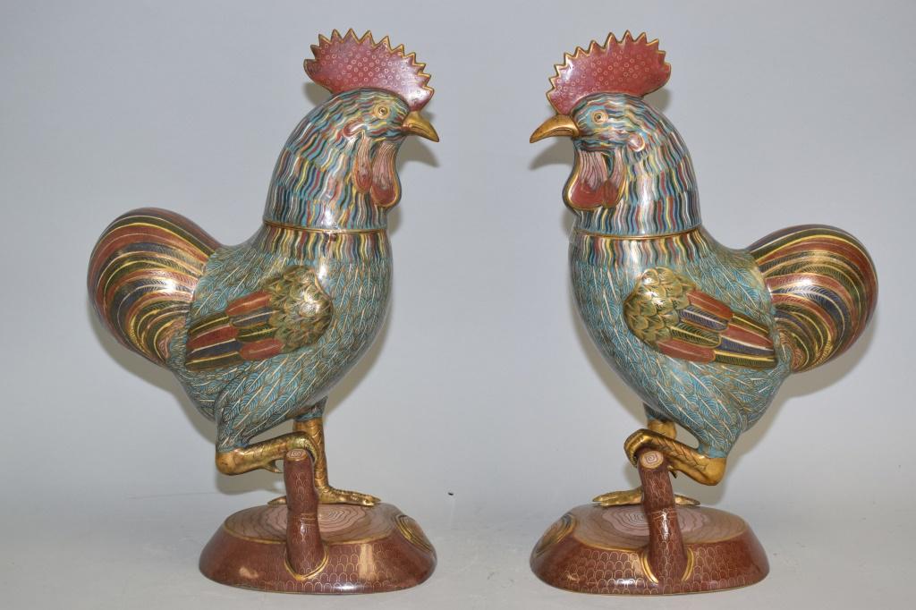 Pr. of 19-20th C. Chinese Cloisonne Roosters (1 of 6)