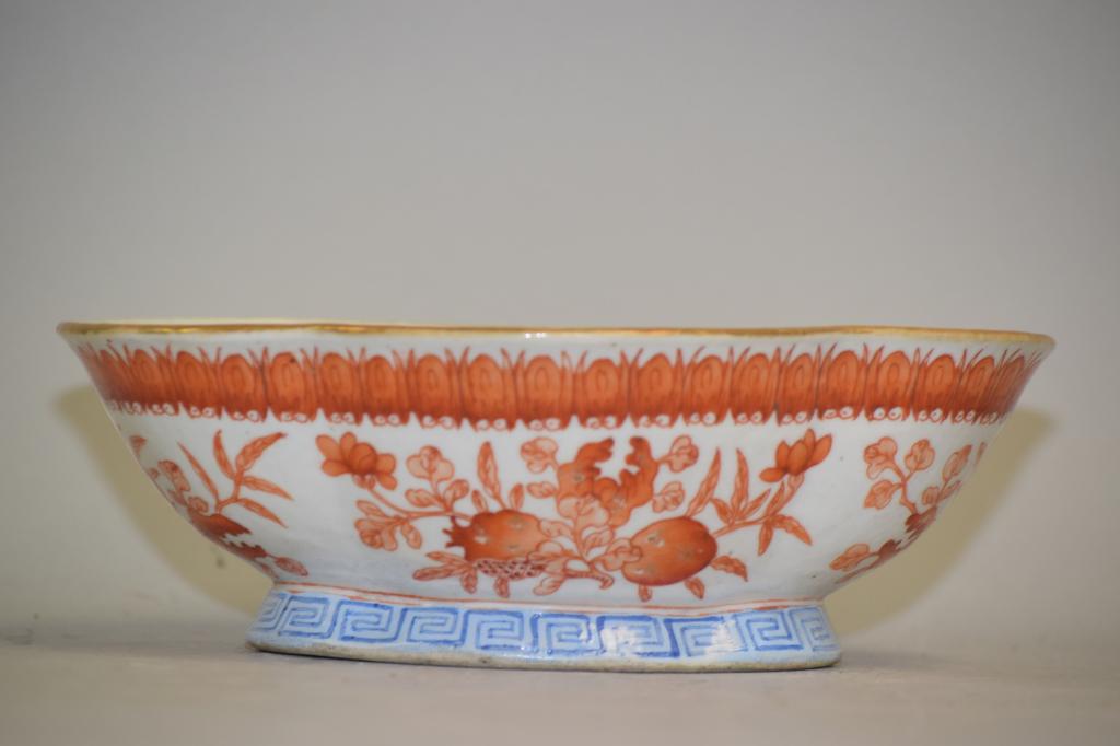 Qing Chinese Iron Red Five Fortune Oval Bowl (1 of 5)