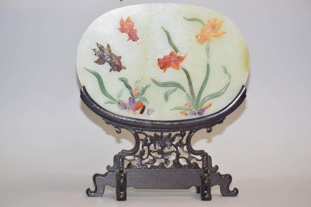 20th C. Chinese Precious Stone Inlay Jade Table Screen (1 of 5)
