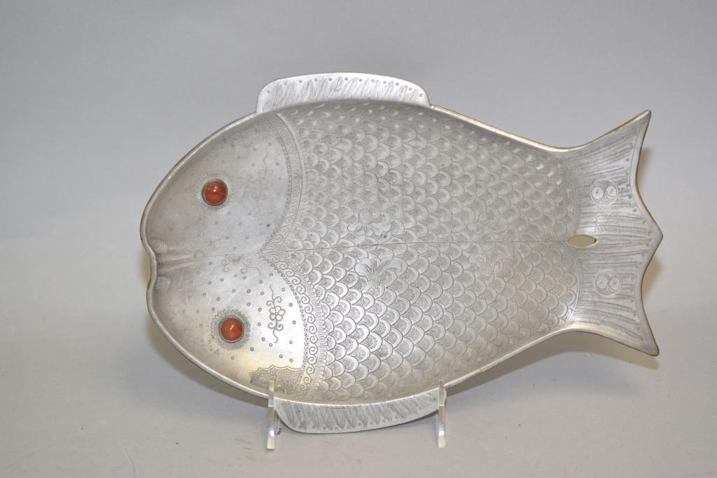 19th C. Chinese Agate Inlay Pewter Fish Plate (1 of 4)