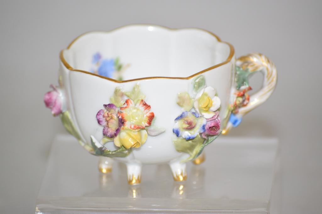Meissen Germany Porcelain Relief Floral Tea Cup: Meissen Germany porcelain relief floral tea cup. 2.75in.