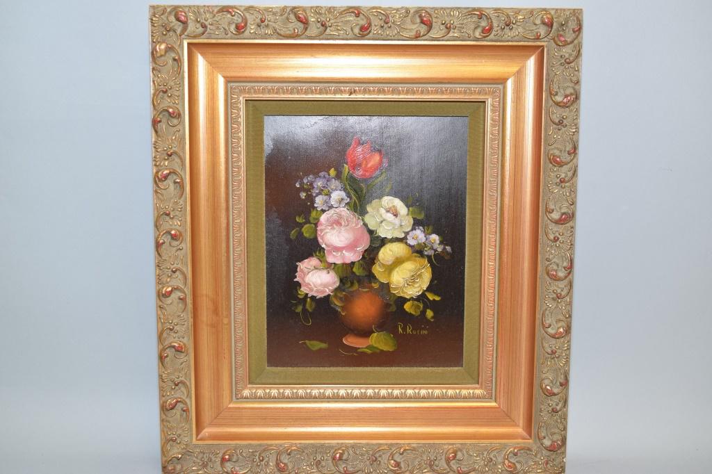 Still Life Oil Painting on Canvas, Signed R. Rosin: Still life oil painting on canvas, signed R. Rosini. 16.5in.